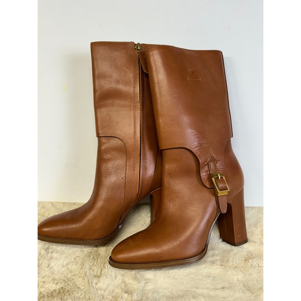 Sartorial 1990 Tan Leather‎ Block Heel Buckle Mid-Calf Boots Womens Pointed Toe